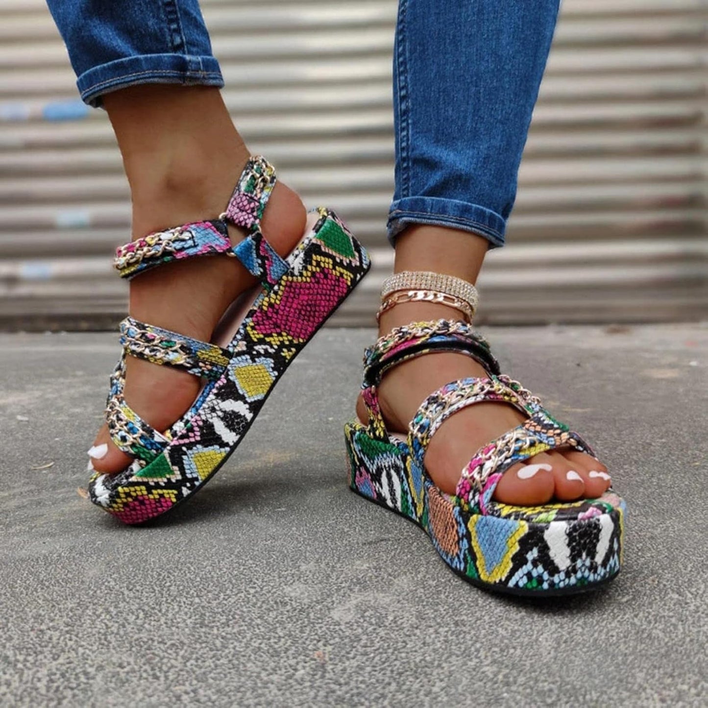 Womens Snakeskin Platform Shoes Beach Sandals Multicolor Open Toe Wedge Sandals Shoes(Multicolor,11)