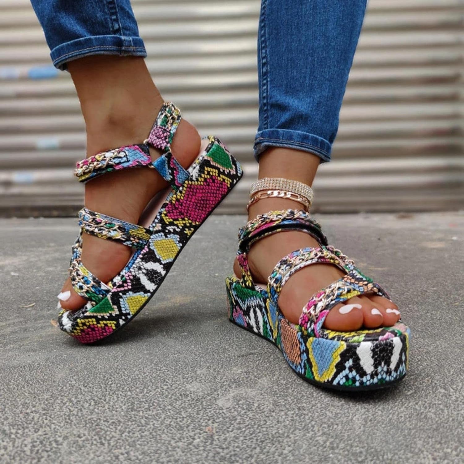 Womens Snakeskin Platform Shoes Beach Sandals Multicolor Open Toe Wedge Sandals Shoes(Multicolor,11)