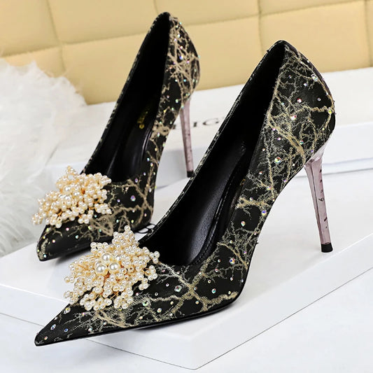 Shoes Pearl Flowers Woman Pumps Rhinestone High Heels 2025 New Luxurious Women Heels Stiletto Large Size Ladies Pumps