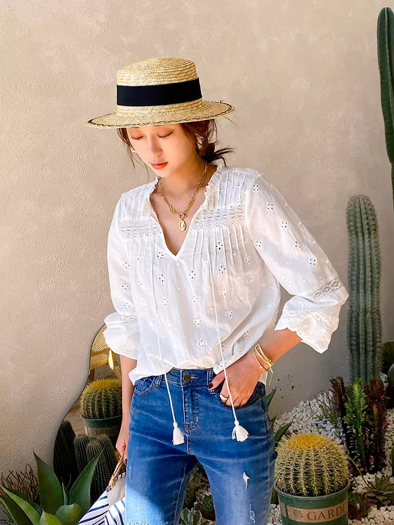 Gypsylady White Casual Chic Blouse Shirt Lace Patchwork Elegant Spring Women Blouse Ruffles Long Sleeve Hollow Out Ladies Top