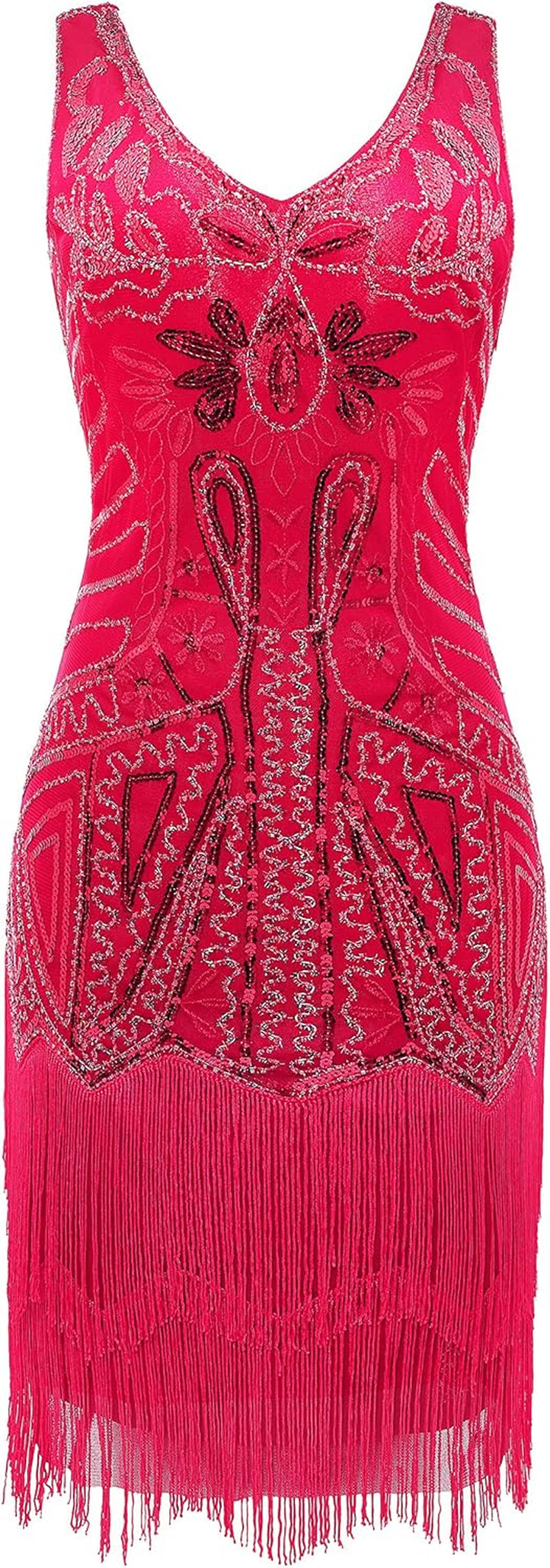 Women'S Flapper Dresses 1920S V Neck Beaded Fringed Great Gatsby Dress Rose Red