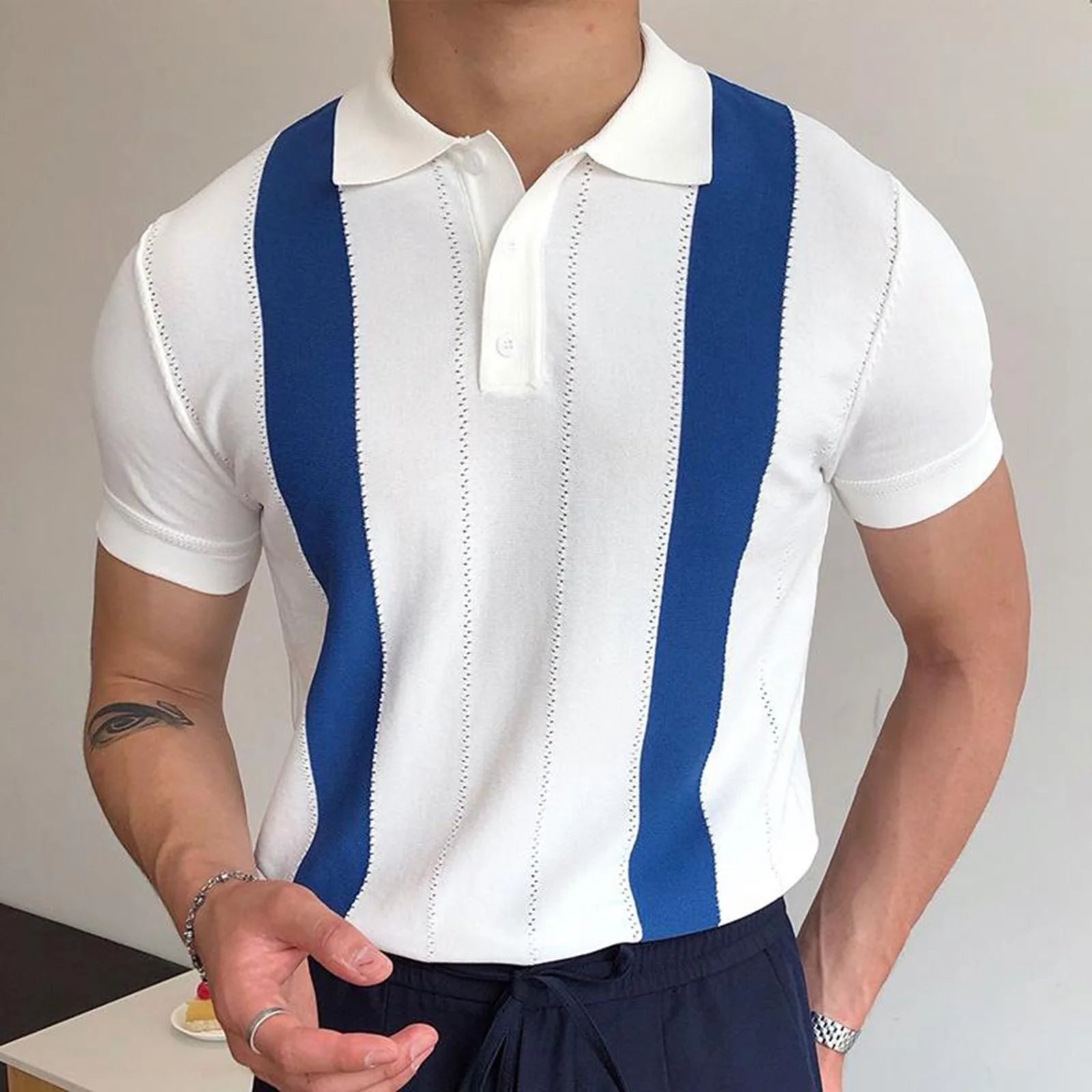 Men'S Short Sleeve Shirt Knit Striped Lapel Shirt Tops