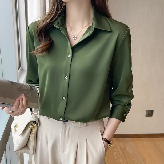 Blusas Blouses Femme Long Sleeve Green White Blouse Women Tops Blouse Women Blusas Mujer De Moda 2024 Chiffon Blouse Shirt E678