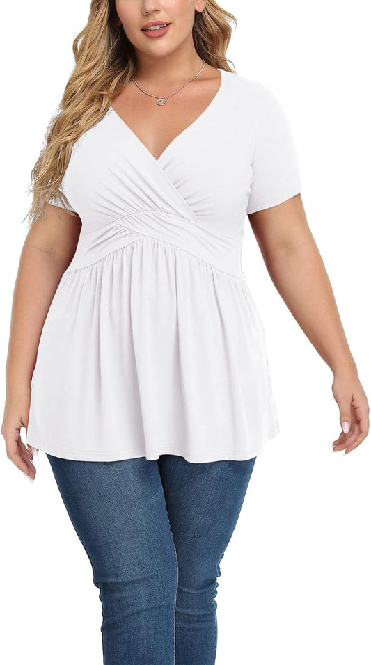 Women'S plus Size Dressy Tops Wrap Shirt Short Sleeve Tunic Top V Neck Low Cut Cute Blouse