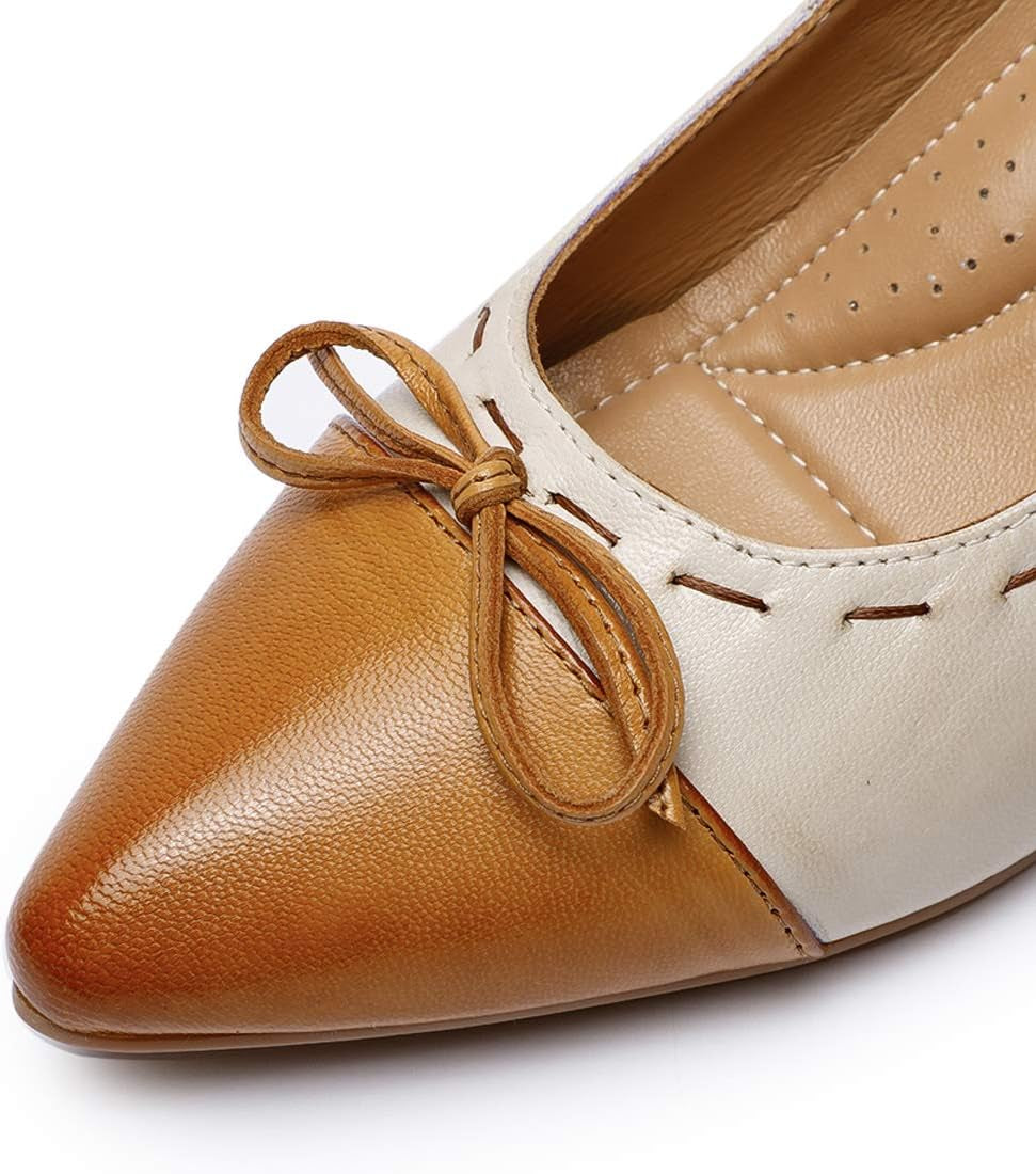 Womens Leather Elegant Pointed Toe Bowknot Pumps Ladies Kitten Heels Dressy Casual Office Work Shoes