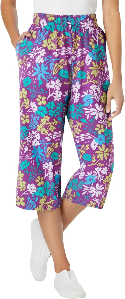 Women'S plus Size Elastic-Waist Knit Capri Pant - 4X, Purple Magenta Blossom