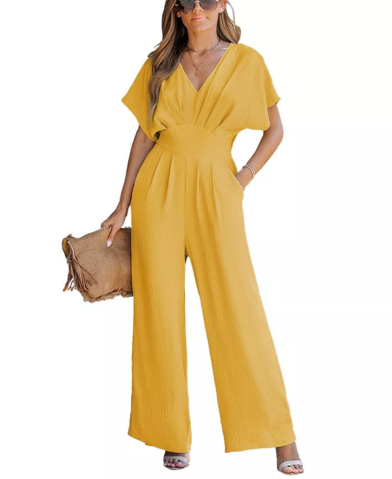 Women'S V-Neck Short Sleeve Straight Leg Jumpsuit