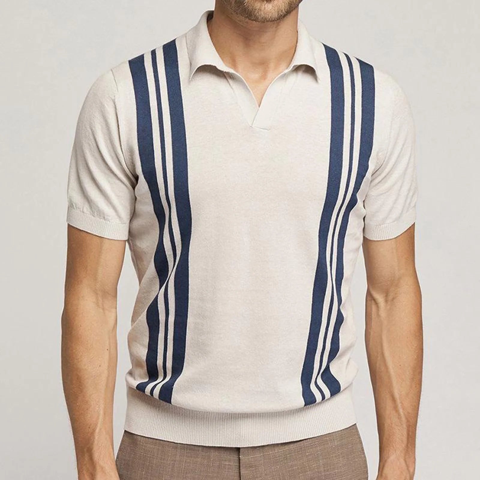 Men'S Short Sleeve Shirt Knit Striped Lapel Shirt Tops