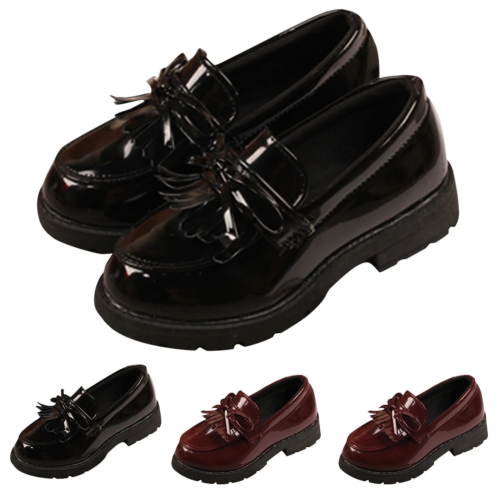 Kids Girls Slip on Leather Loafer Tassel Bow Flat School Dress Shoes for Girls Black Children Casual Small Leather Shoes Indoor Outdoor Wear