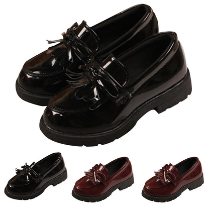 Kids Girls Slip on Leather Loafer Tassel Bow Flat School Dress Shoes for Girls Black Children Casual Small Leather Shoes Indoor Outdoor Wear