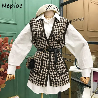 Small Fragrance Vintage 2 Pcs Women Set Turn down Collar Long Sleeve Shirt + V Neck Sleeveless Plaid Vest Spring Suit
