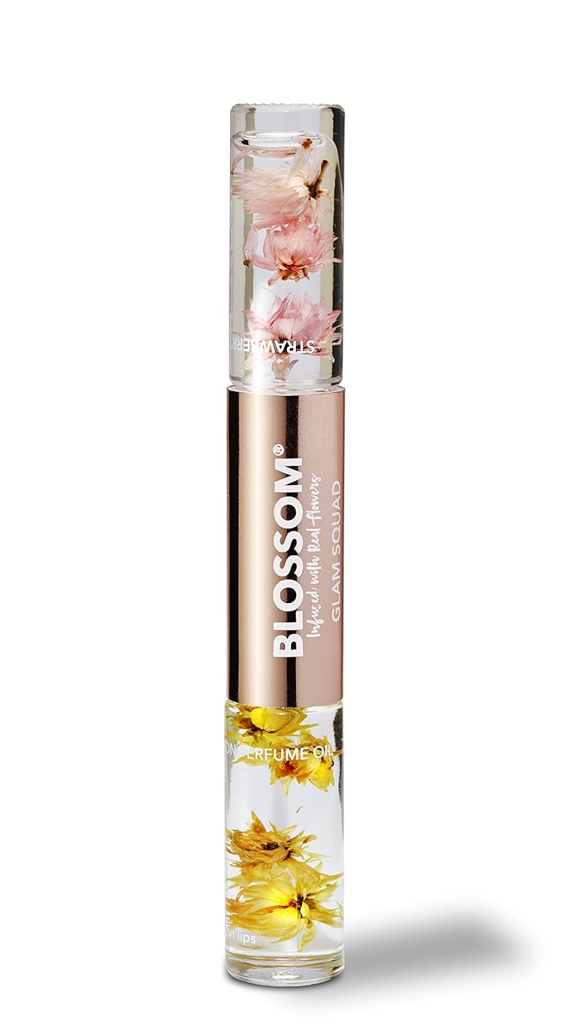 Lip Gloss & Roll on Perfume for Women, Glam Squad Double Sided Gift Set, Infused with Real Flowers, Bachelorette Gift, Made in USA 0.2Oz, Strawberry/Honey Jasmine