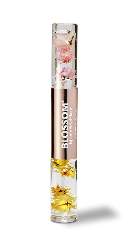 Lip Gloss & Roll on Perfume for Women, Glam Squad Double Sided Gift Set, Infused with Real Flowers, Bachelorette Gift, Made in USA 0.2Oz, Strawberry/Honey Jasmine