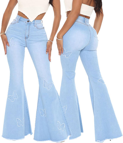 Bell Bottom Jeans for Women Butterfly Embroidery High Waisted Flare Jeans Ripped Hole Classic Denim Flare Pants