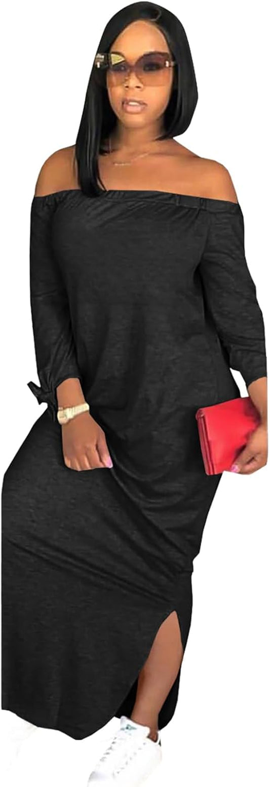 Women'S Casual Letter Print off Shoulder Long Sleeve Bowknot Sides Slit Loose Long T-Shirt Maxi Dress