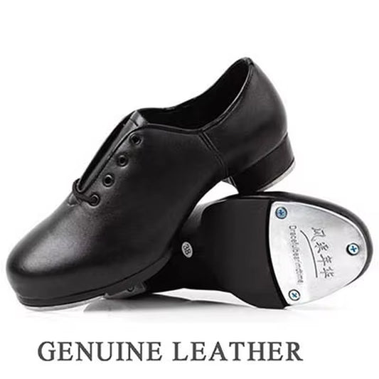 Genuine Leather Adult Tap Dance Shoes Men Women Kicked Shoes Sports Leather Soft Bottom High-Impact Aluminum Plate Black Shoe