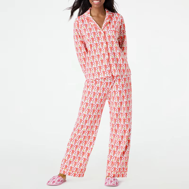 Cartoon Monkey Long Sleeves Blouse Shirt + Elastic Pants Women 2 Piece Pajama Set for Loungewear Comfy Sleepwear Vintage Outfits