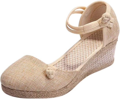 Women Closed Toe Ankle Strap Espadrille Sandals Retro Style Platform Wedge Thick Bottom Shoes Beige