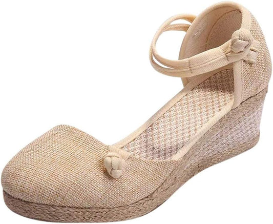 Women Closed Toe Ankle Strap Espadrille Sandals Retro Style Platform Wedge Thick Bottom Shoes Beige