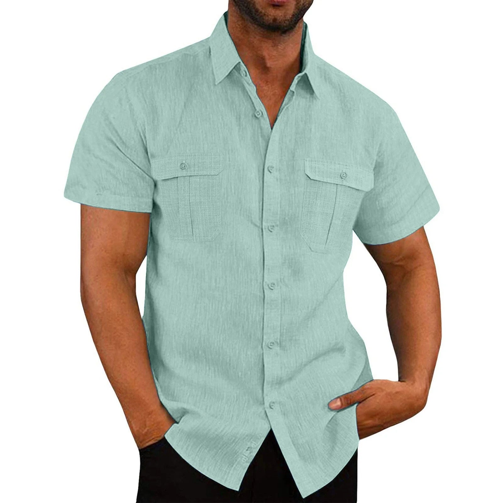 Mens Short Sleeve Classic Shirts Fishing Casual Regular-Fit Button-Up Collared Plaid Double Pocket Dress Shirt Top Tees Blouses Men Short Sleeve Shirts Button up Clearance Beach Wedding Shirt M-5XL