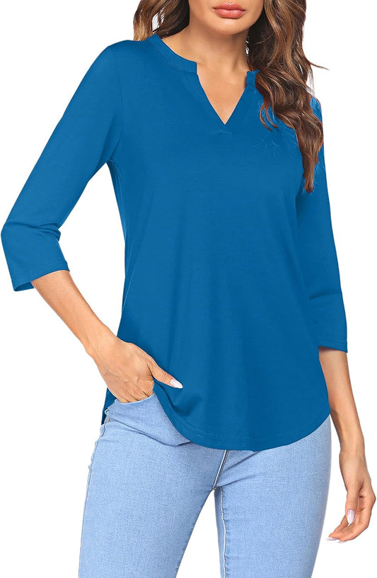 Women'S 3/4 Sleeve Shirts V Neck Casual Henley Work Tops Blouses