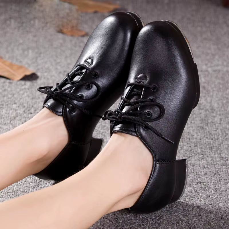 Genuine Leather Adult Tap Dance Shoes Men Women Kicked Shoes Sports Leather Soft Bottom High-Impact Aluminum Plate Black Shoe