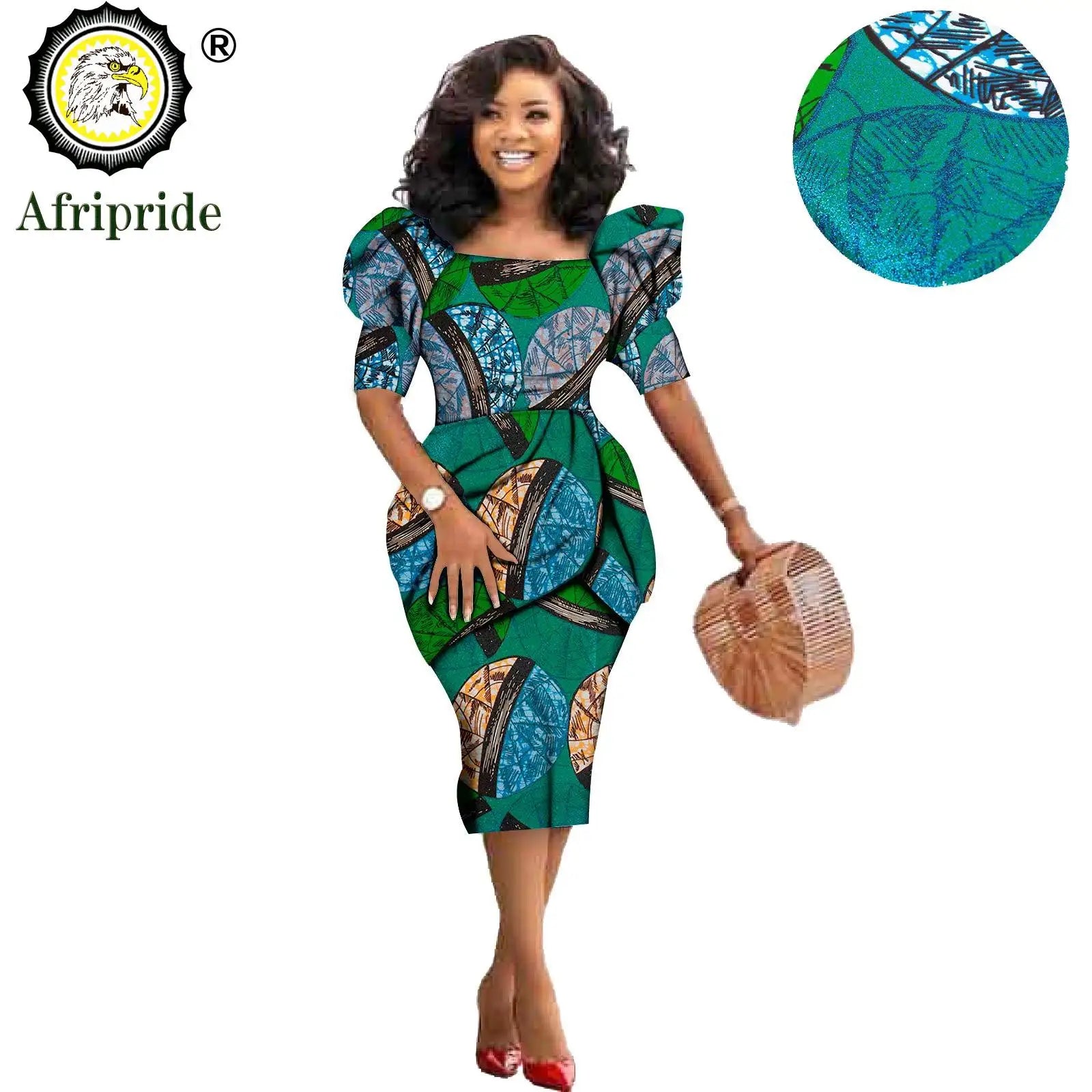African Ankara Dresses for Women Dashiki Dress Bodycon Dress Print Wax Batik Short Sleeve Party Midi Dress for Lady S2025060