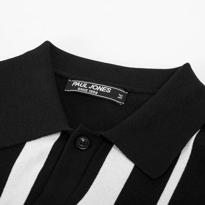 Mens Polo Shirts Vintage Striped Button down Knitted Golf Shirts