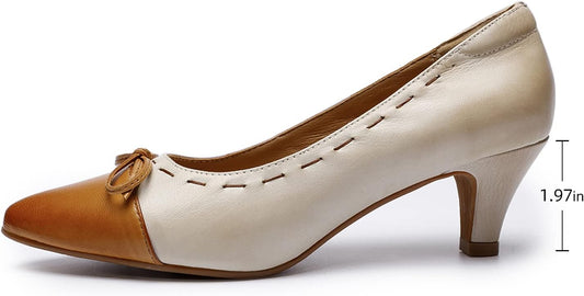 Womens Leather Elegant Pointed Toe Bowknot Pumps Ladies Kitten Heels Dressy Casual Office Work Shoes