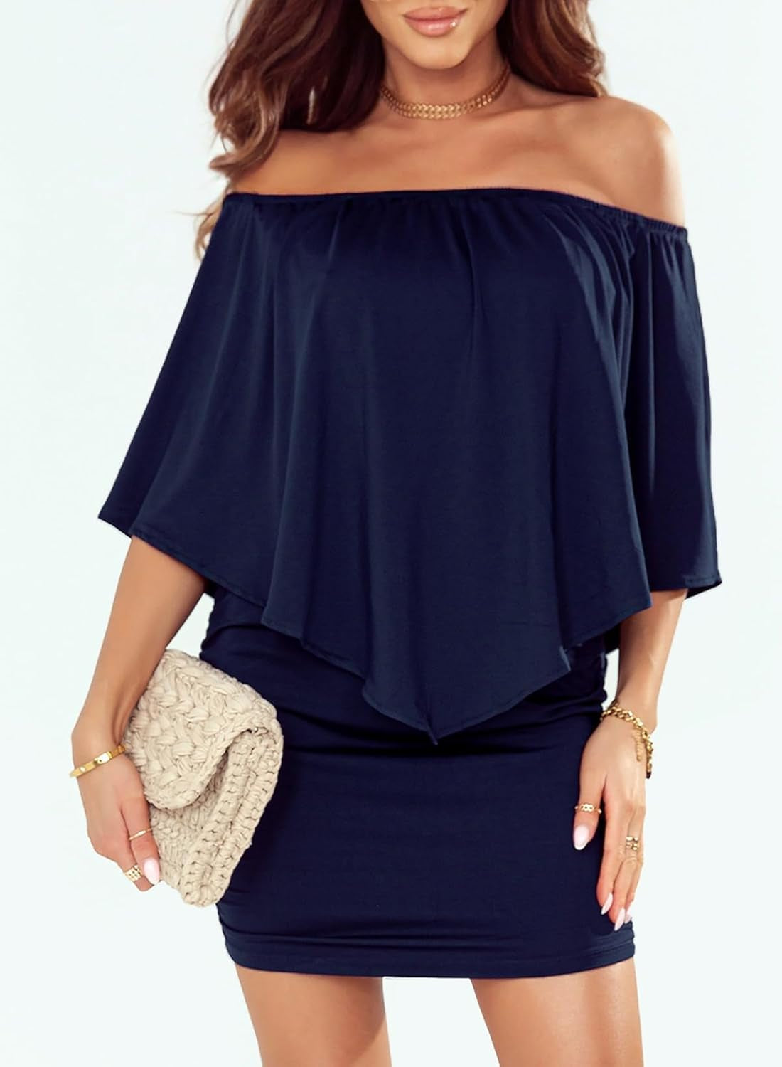 Women'S Dresses off Shoulder Ruffles Night Club Bodycon Mini Dress
