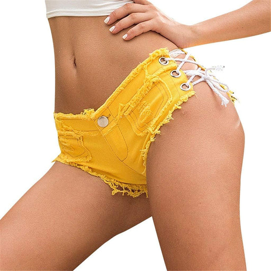 Women Sexy Jeans Bandage Button Cut off Low Waist Shorts Mini Hot Denim Pants Yellow