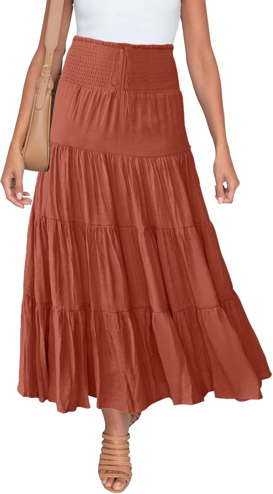 Women'S Summer Flowy Boho Maxi Skirt Trendy Drawstring Elastic High Waist Pleated Tiered a Line Beach Long Skirts