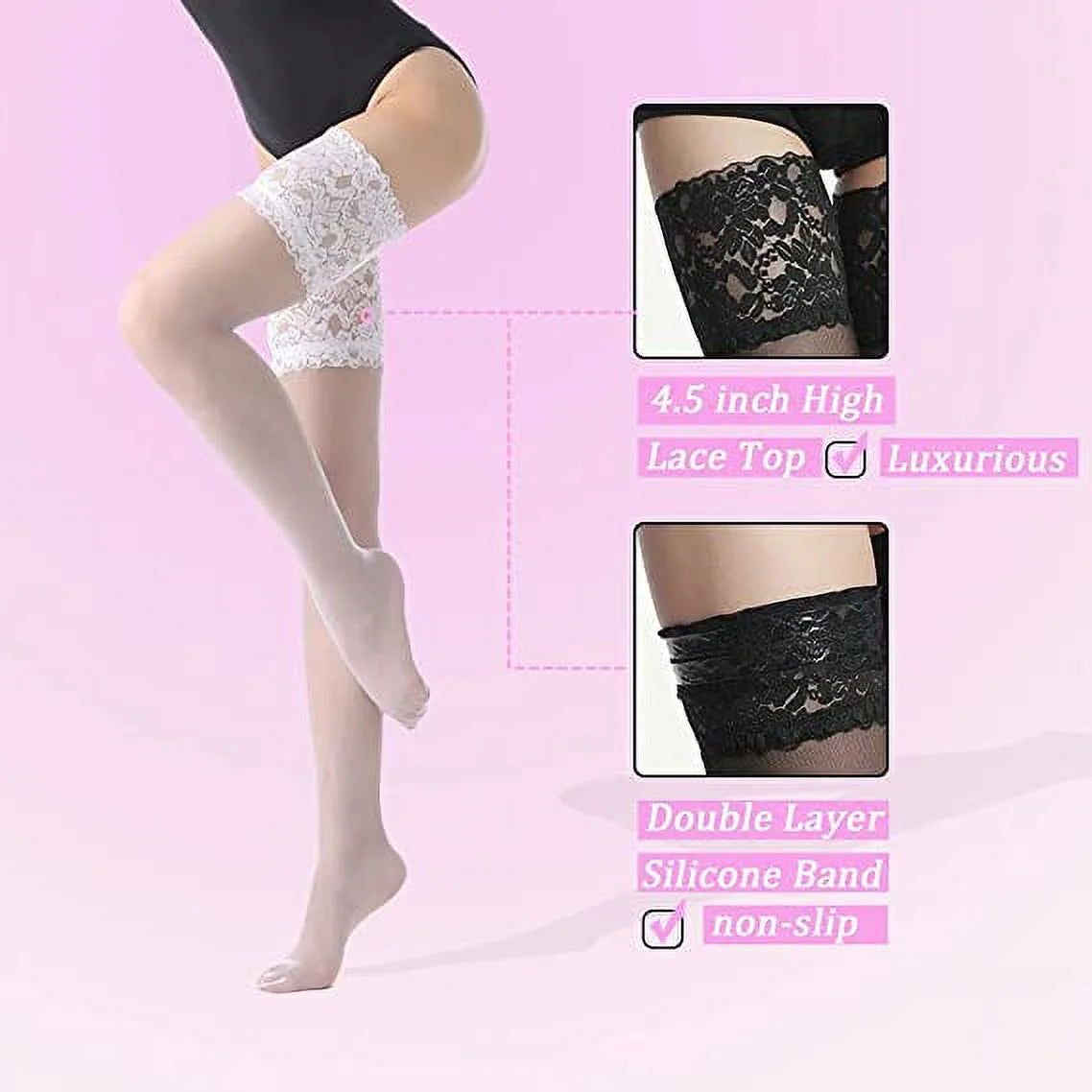 Thigh High Stockings with Silicone - 15D Sheer Lace Top Nylon Stay up Pantyhose for Women