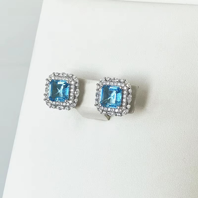 Wholesale  Brand 100% 925 Sterling Silver Paraiba Tourmaline Gemstone Birthstone Ear Studs Earrings Ladies Fine Jewelry