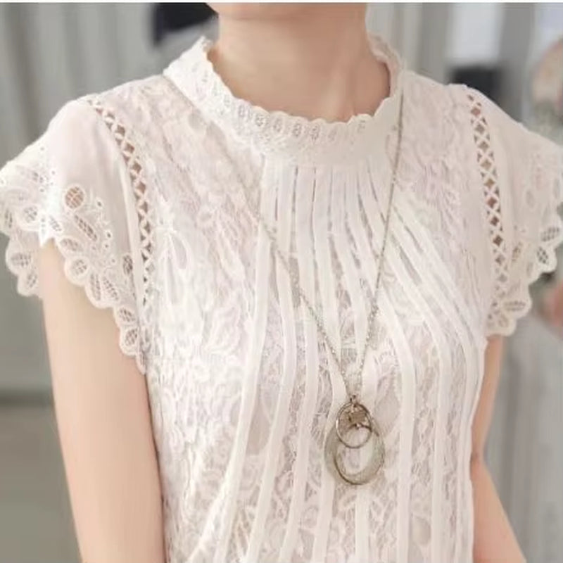 Ladies White Lace Blouse Short Sleeve Stand Collar Women Tops Elegant Patchwork Crochet Women Shirt plus Size Blusas Mujer 01C
