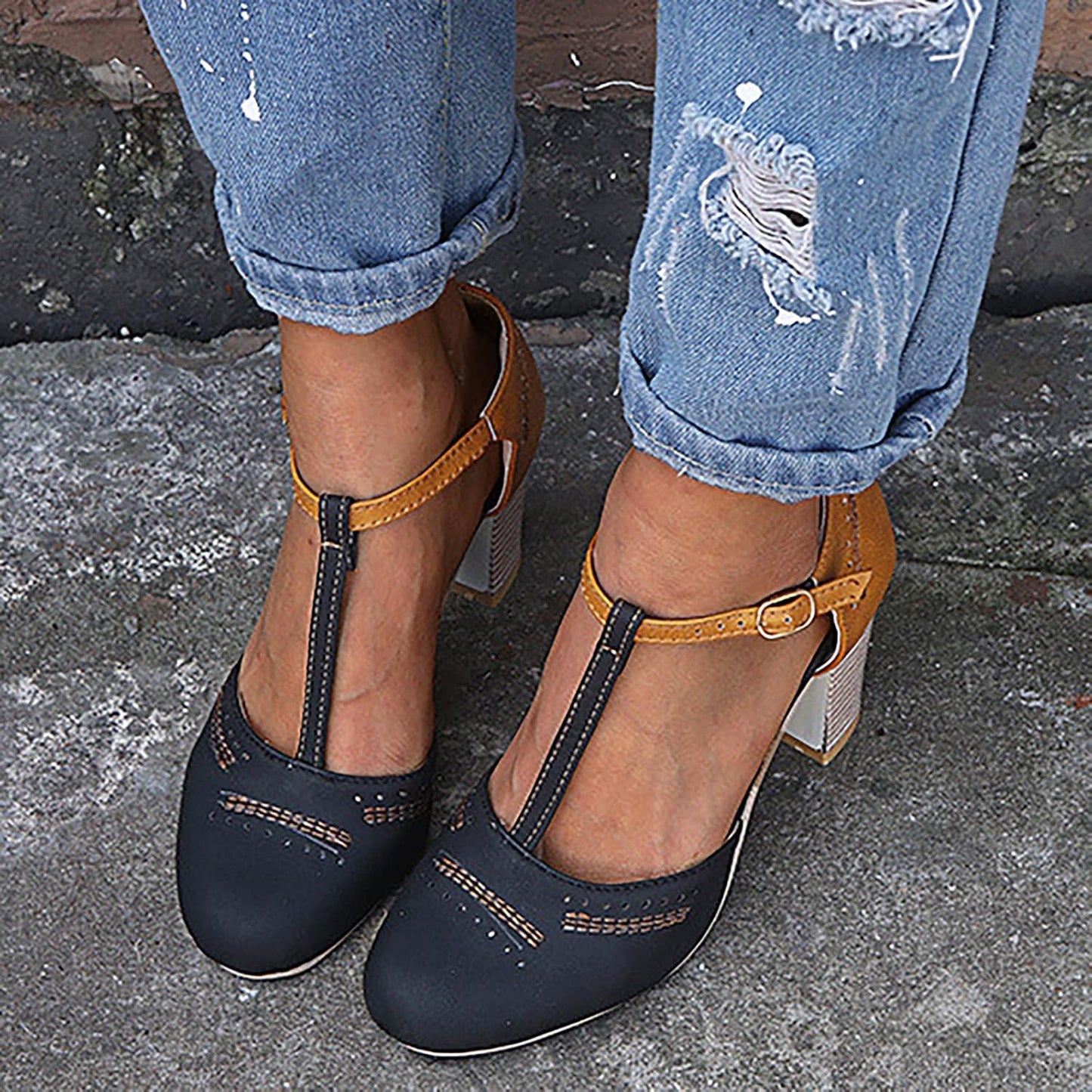 Women'S Classy Mary Janeclassic T-Strap Platform Mid-Heel Square Toe Oxfords High Heel Pumps New Dress Shoes