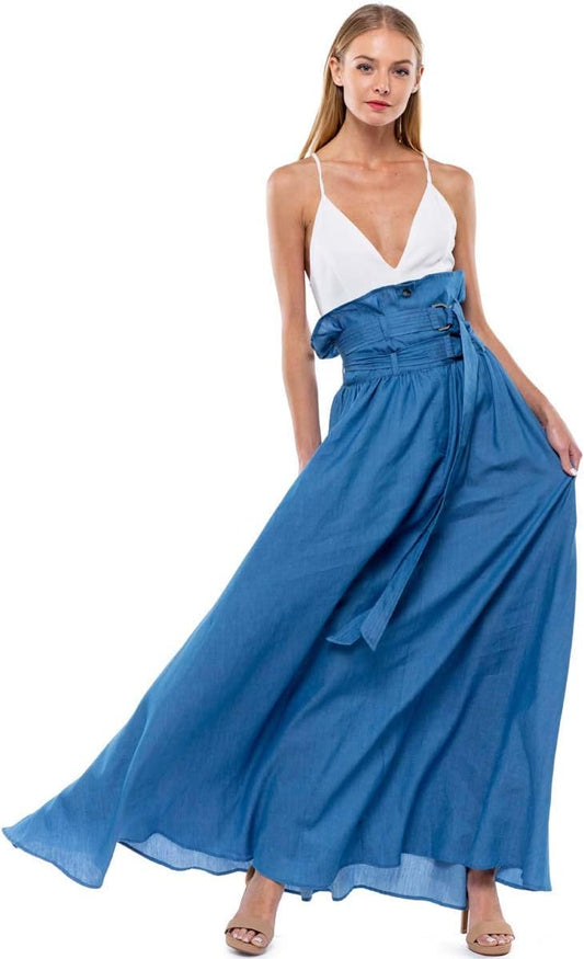 Women'S Double Belted High Waist Maxi Jean Skirt