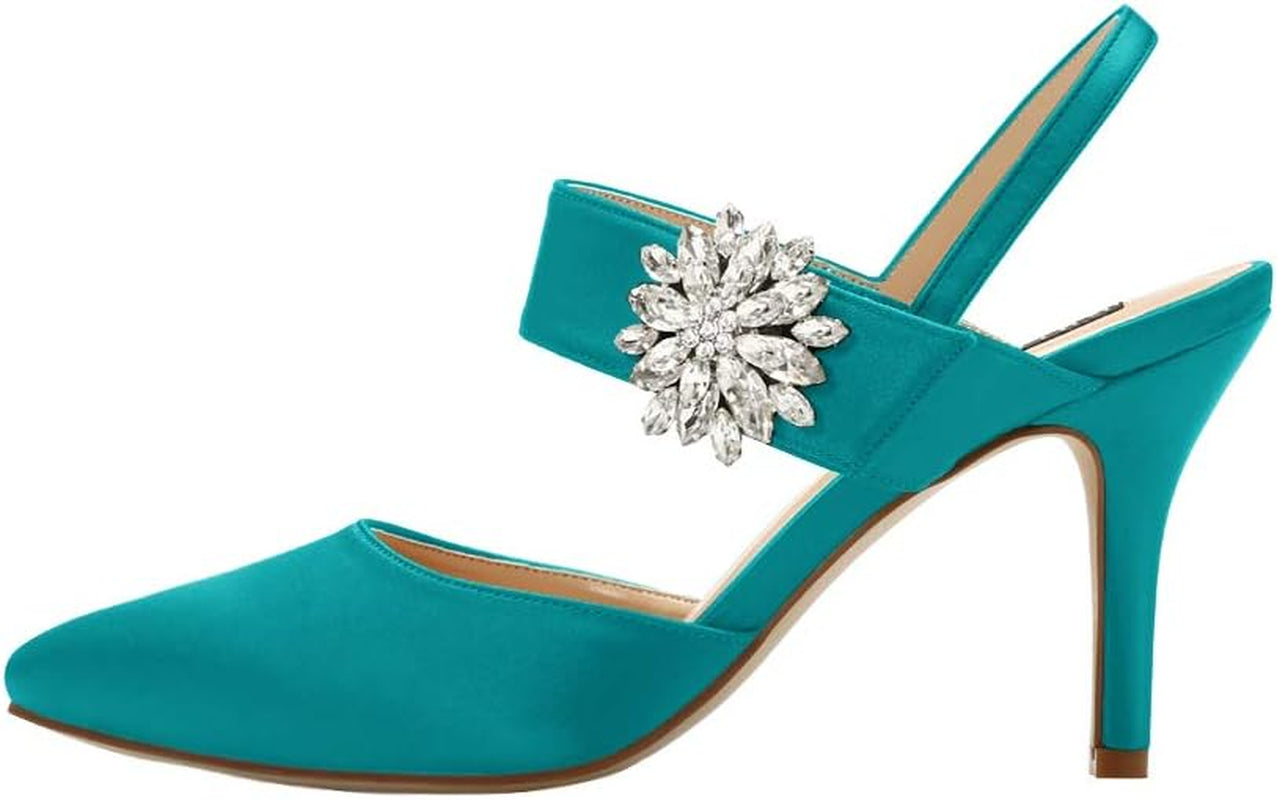 Mid Heel Shoes for Women Pointed Toe Slingback Rhinestone Brooch Satin Dress Pumps Evening Prom Wedding Shoes