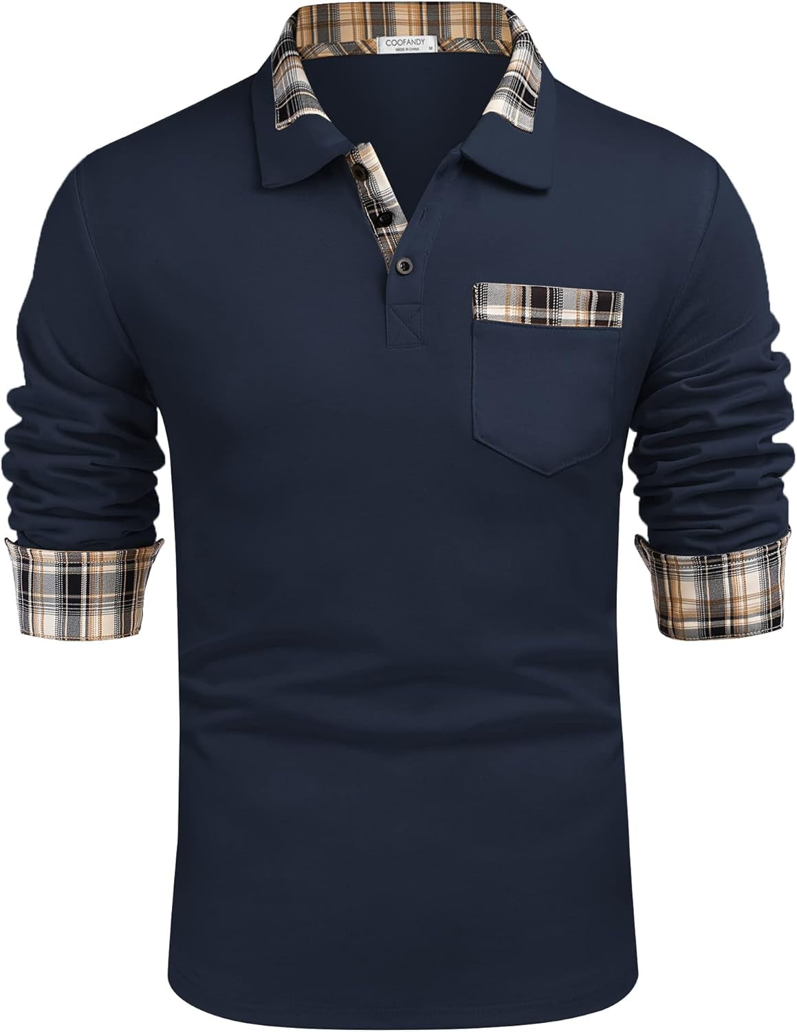 Men'S Casual Polo Shirt Long Sleeve Classic Plaid Button Tees with Pockets