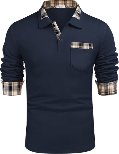 Men'S Casual Polo Shirt Long Sleeve Classic Plaid Button Tees with Pockets