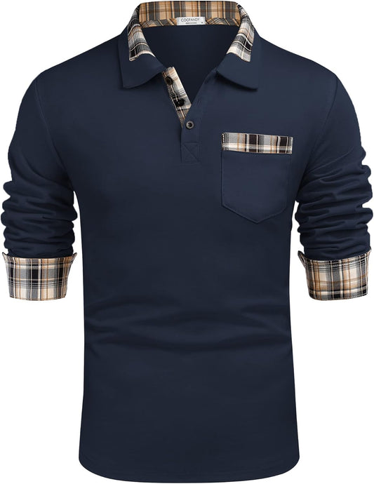 Men'S Casual Polo Shirt Long Sleeve Classic Plaid Button Tees with Pockets