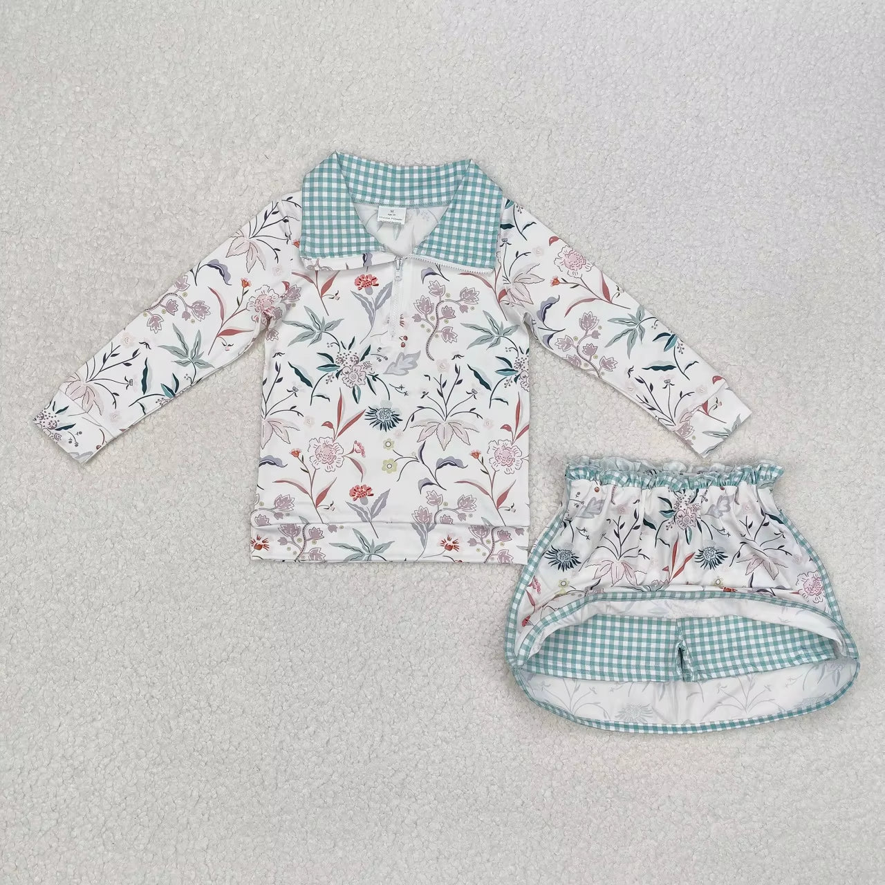 Wholesale Infant Long Sleeves Clothing Blue Flower Shirt Baby Girl Floral Outfit Toddler Skirt Skorts Shorts Children Kids Set