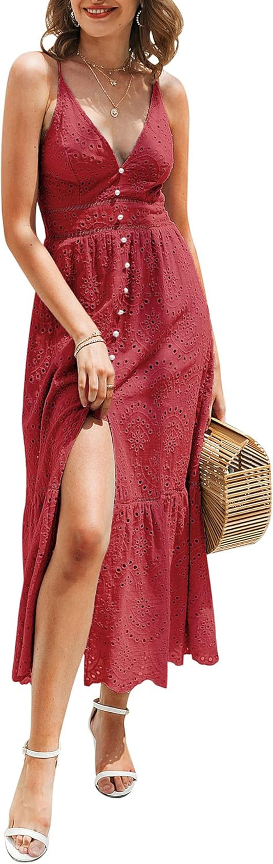 Women'S Embroidery Pearl Button down Dress V Neck Spaghetti Strap Maxi Dress