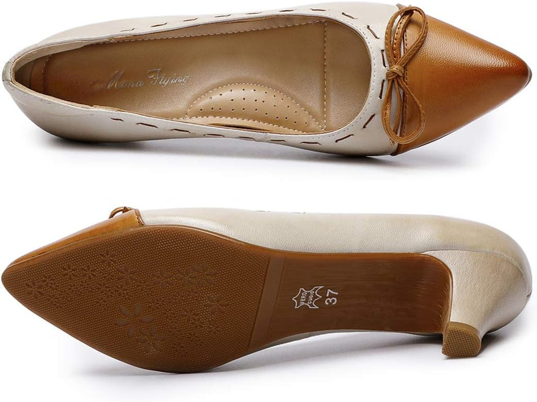 Womens Leather Elegant Pointed Toe Bowknot Pumps Ladies Kitten Heels Dressy Casual Office Work Shoes