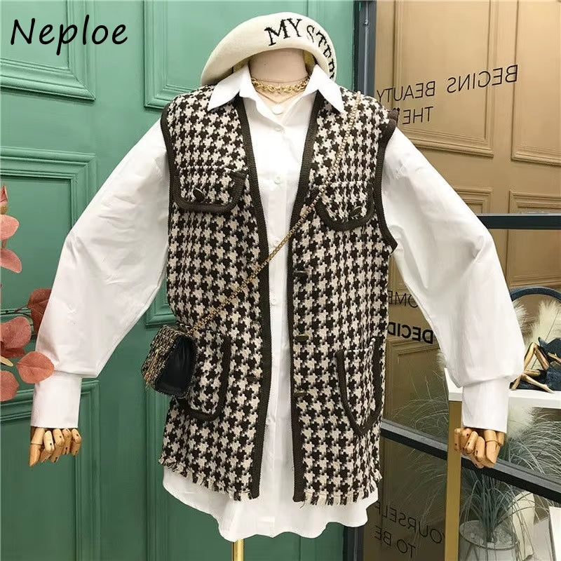 Small Fragrance Vintage 2 Pcs Women Set Turn down Collar Long Sleeve Shirt + V Neck Sleeveless Plaid Vest Spring Suit