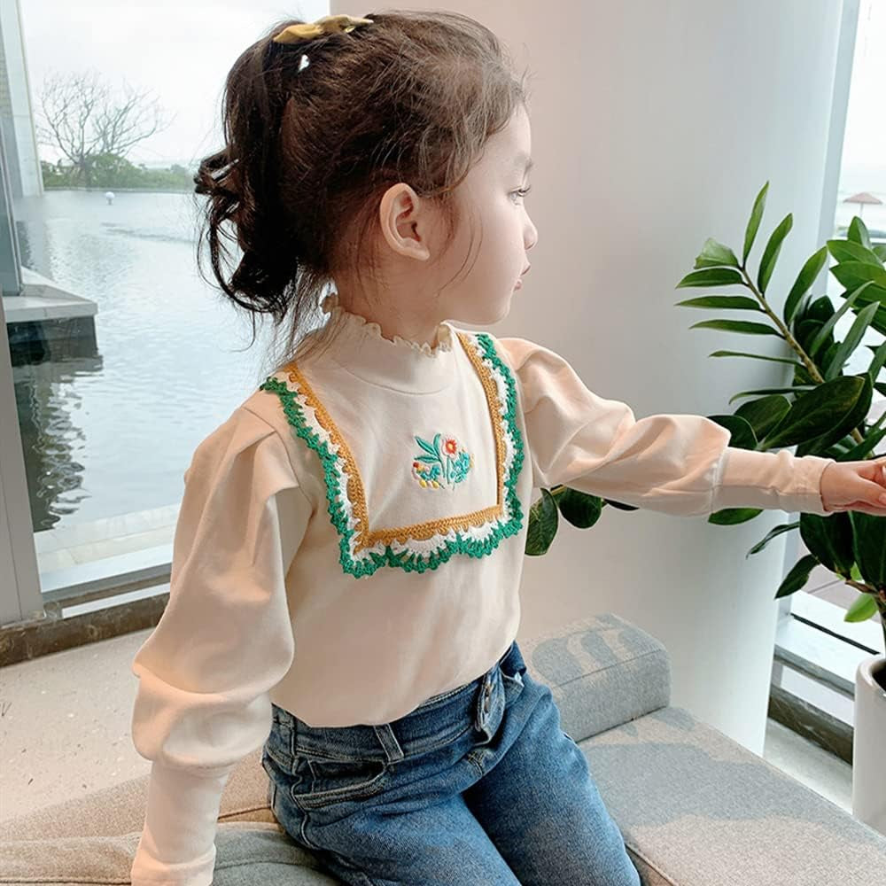Toddler Girls Long Sleeve Turtle Neck Top Embroidery High Neck Blouse Casual Pullovers Infant Tee Underwear Shirt