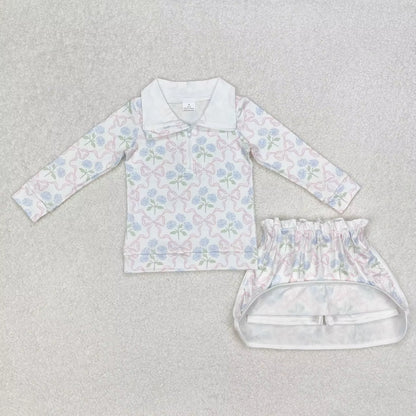 Wholesale Infant Long Sleeves Clothing Blue Flower Shirt Baby Girl Floral Outfit Toddler Skirt Skorts Shorts Children Kids Set