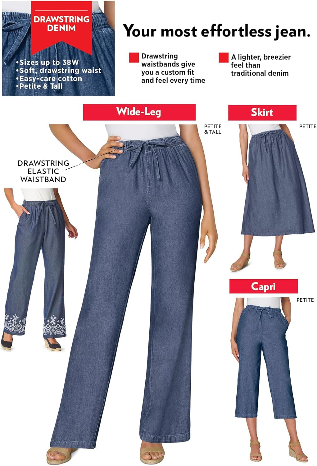 Women'S plus Size Drawstring Denim Wide-Leg Denim Pant