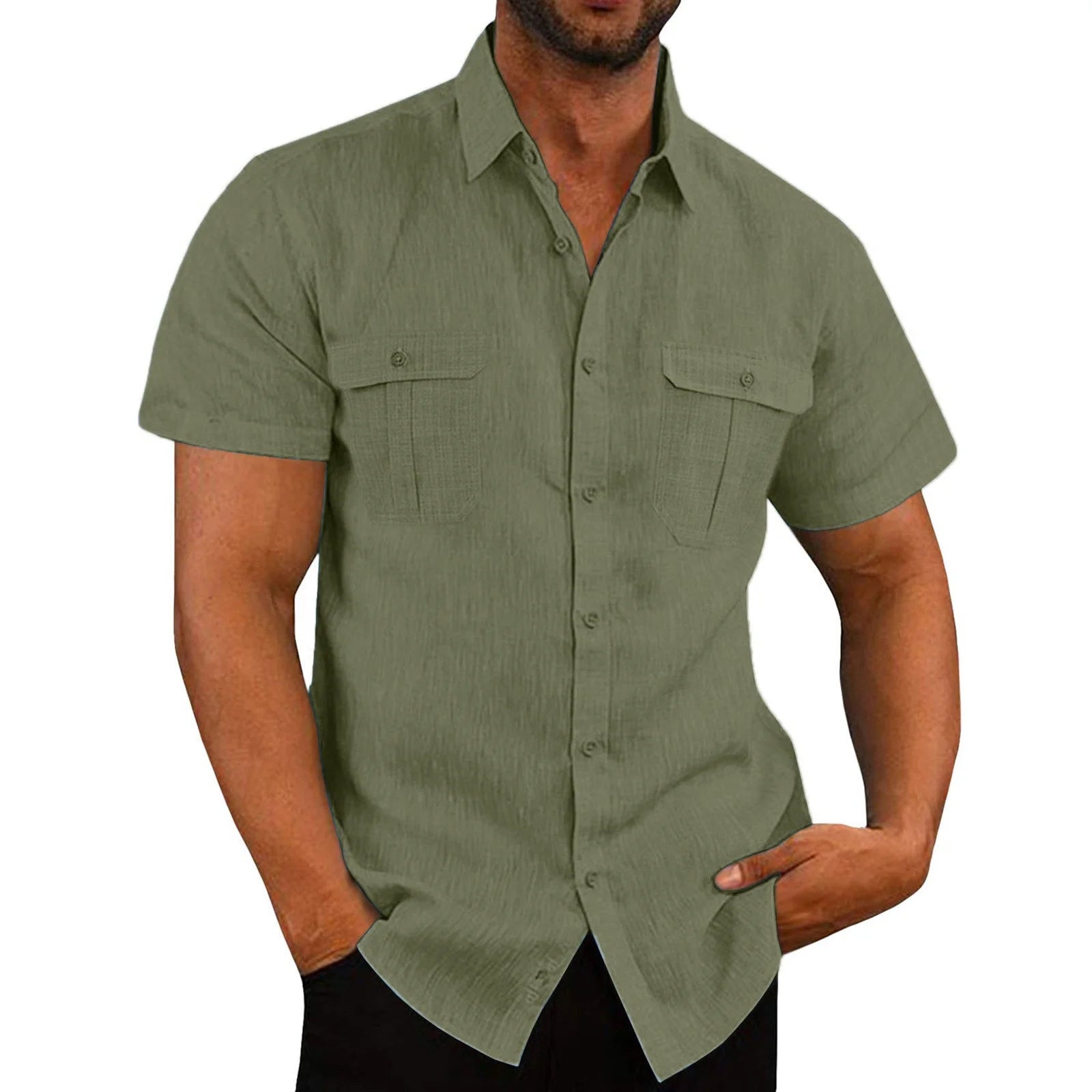 Mens Short Sleeve Classic Shirts Fishing Casual Regular-Fit Button-Up Collared Plaid Double Pocket Dress Shirt Top Tees Blouses Men Short Sleeve Shirts Button up Clearance Beach Wedding Shirt M-5XL