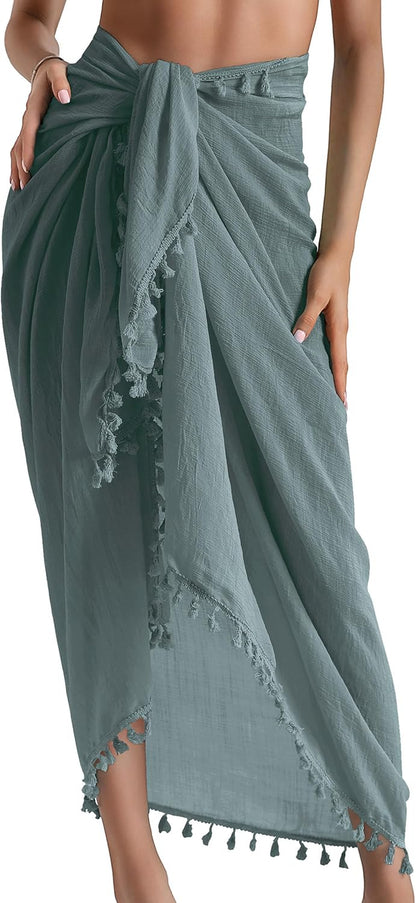 Beach Sarong Pareo Womens Semi-Sheer Swimwear Cover Ups Short Skirt with Tassels